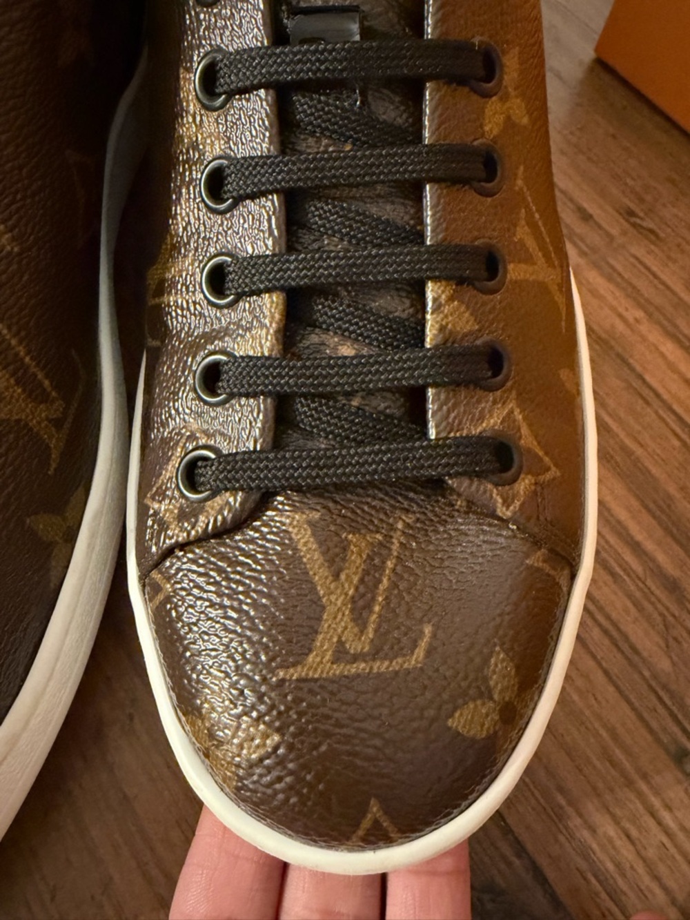 Louis Vuitton Brown Monogram Frontrow Sneakers with Gold Accents - Picture 4 of 12